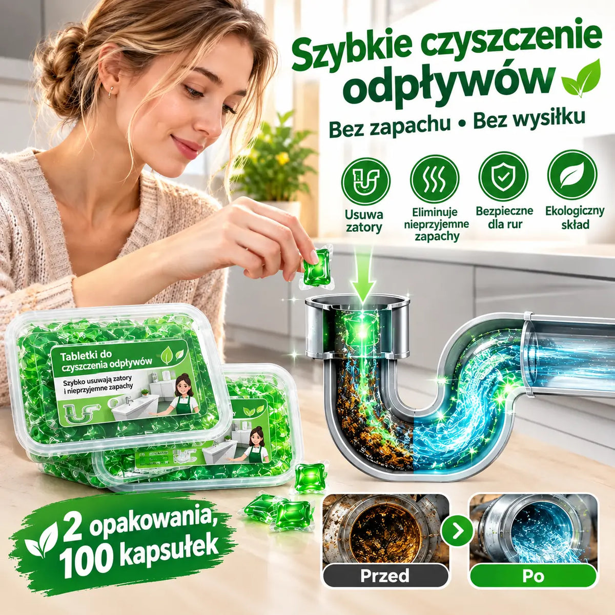 2 opakowania (100 tabletek) za 109 zł. Rozpuszczalne w wodzie kapsułki do usuwania nieprzyjemnych zapachów z odpływów – idealne do łazienki i kuchni.
