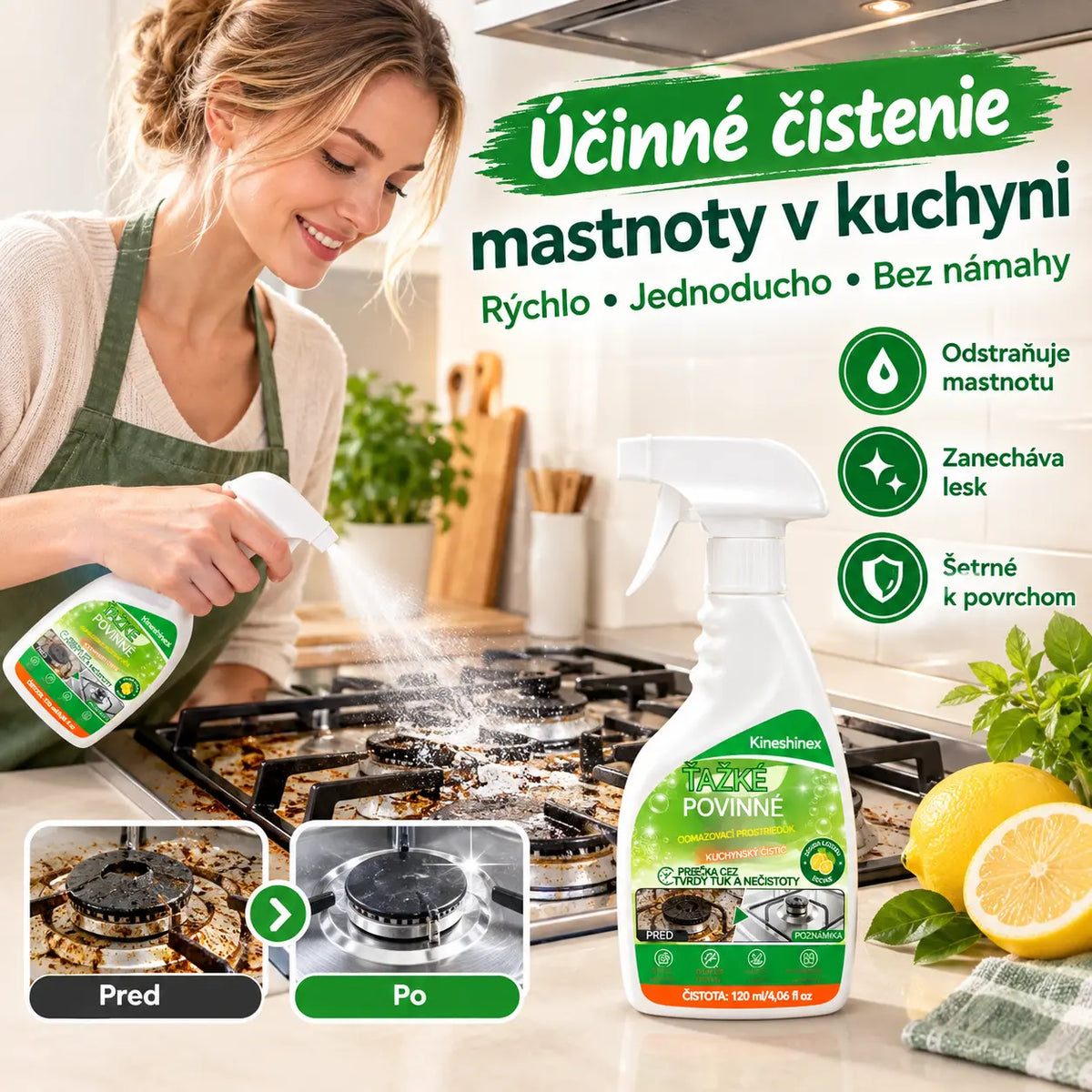 ✨ Silny odtłuszczacz do kuchni — skutecznie usuwa przypalony tłuszcz, osady z węgla oraz uporczywe zabrudzenia z płyty kuchennej, okapu i naczyń.