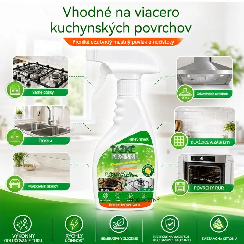 ✨ Silny odtłuszczacz do kuchni — skutecznie usuwa przypalony tłuszcz, osady z węgla oraz uporczywe zabrudzenia z płyty kuchennej, okapu i naczyń.