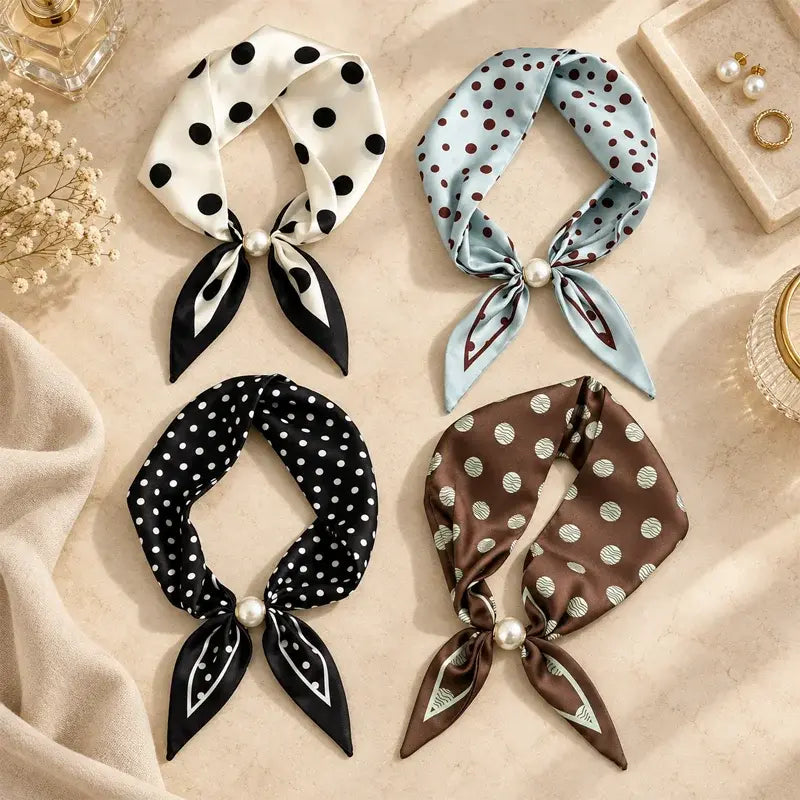🧣【Zestaw 4 sztuk】✨ Jedwabna apaszka z perłami i magnetycznym zapięciem dla kobiet | Elegancka, bez wiązania | Różne wzory 🎀