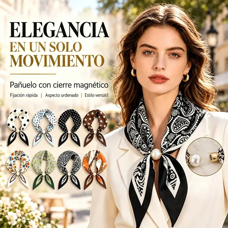 🧣【Zestaw 4 sztuk】✨ Jedwabna apaszka z perłami i magnetycznym zapięciem dla kobiet | Elegancka, bez wiązania | Różne wzory 🎀
