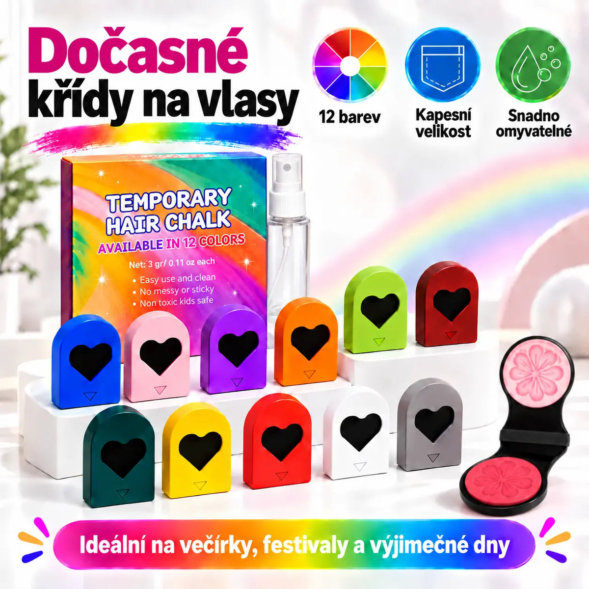 🌈 Kompaktowy puder koloryzujący do włosów w 12 odcieniach, zapewniający szybką zmianę koloru.