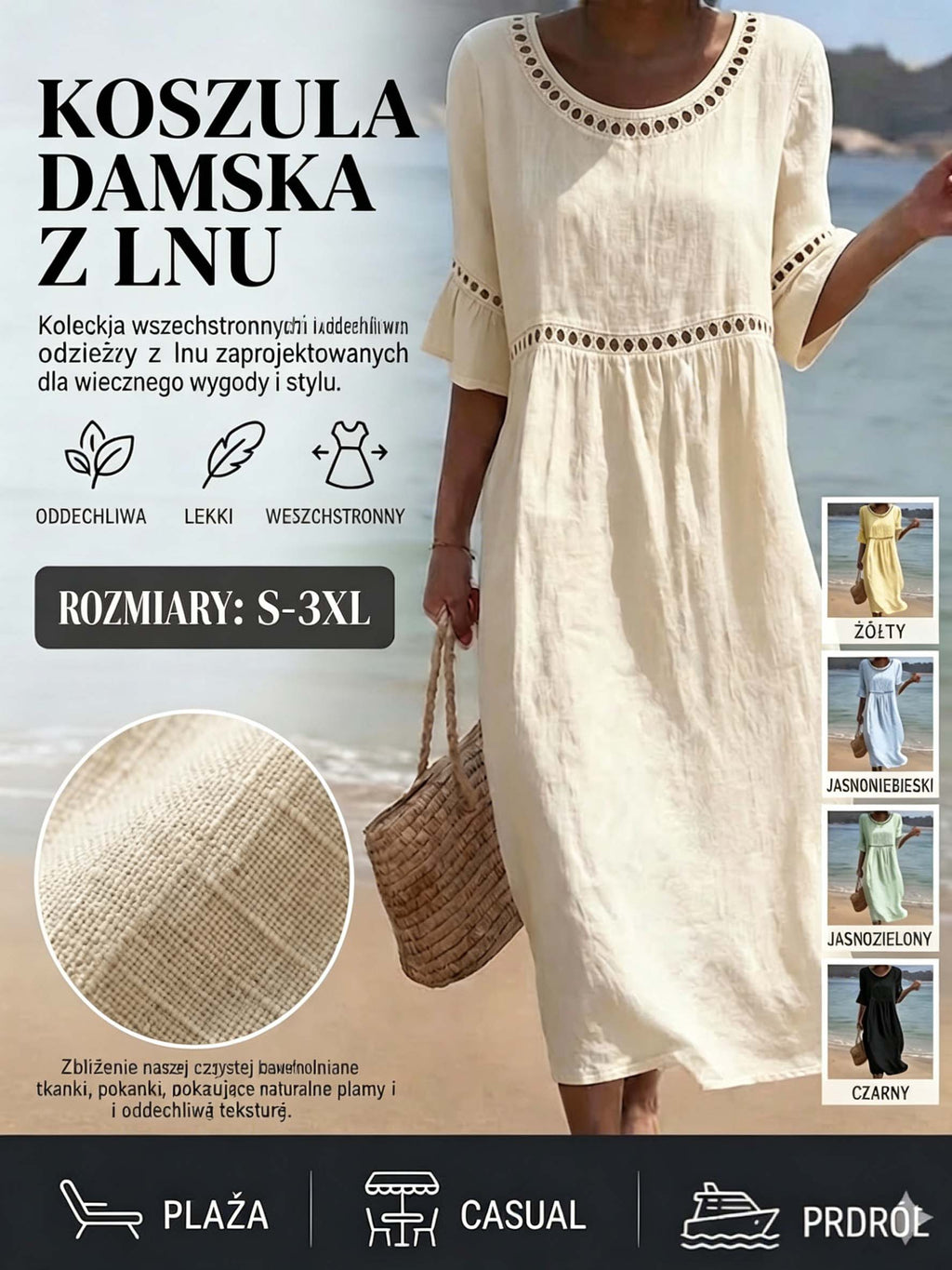 【S-3XL】2026 Damska sukienka z bawełny i lnu z bufiastymi rękawami, oddychająca, miękka i wygodna