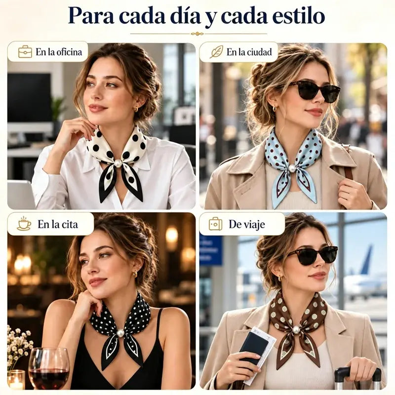 🧣【Zestaw 4 sztuk】✨ Jedwabna apaszka z perłami i magnetycznym zapięciem dla kobiet | Elegancka, bez wiązania | Różne wzory 🎀
